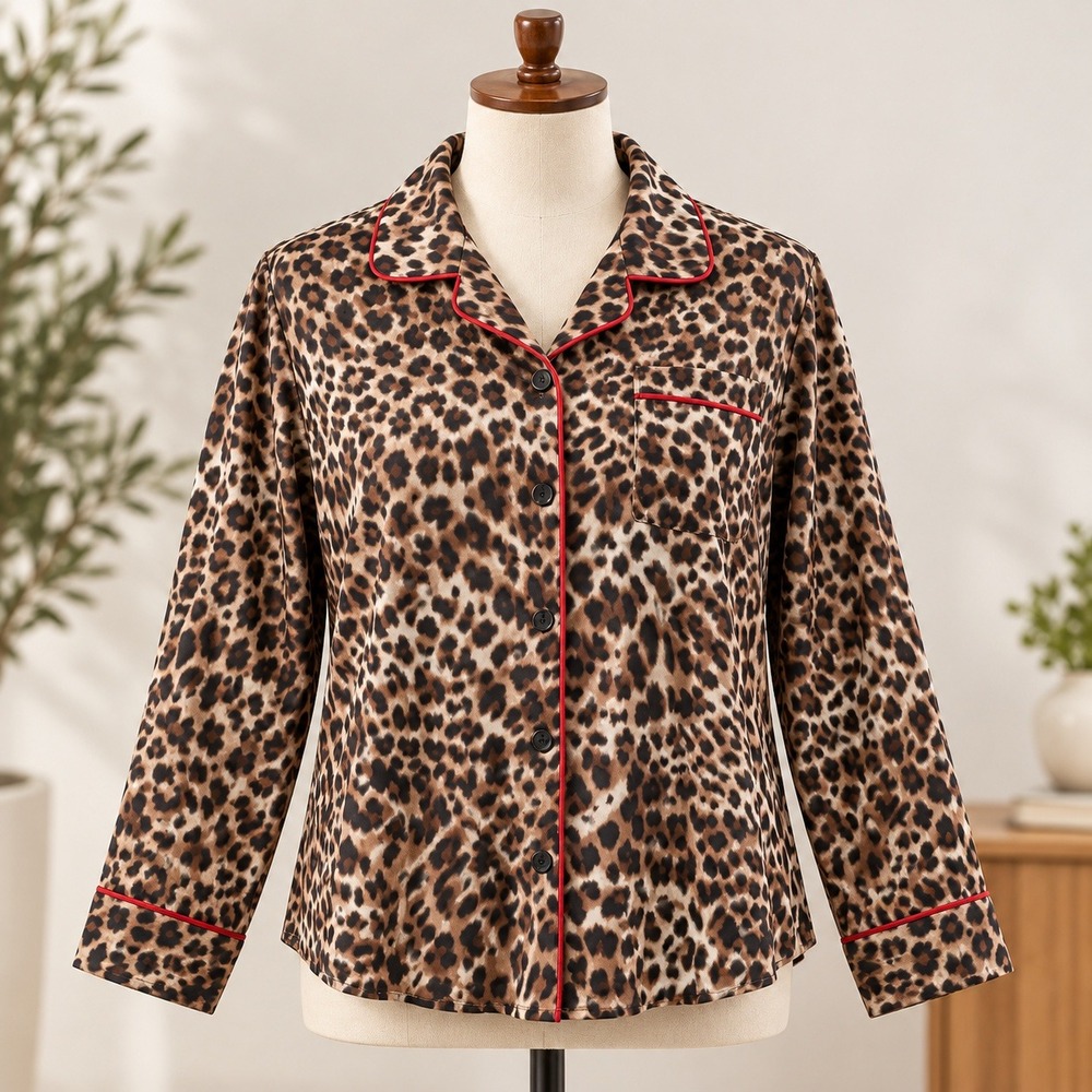 Liz Claiborne Pajama Top Womens Large Brown Leopard Print Cotton Long Sleeve